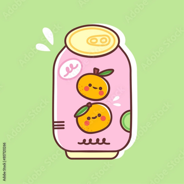 Obraz Orange flavored soda in a cute can. Vector illustration of a fresh summer fizzy drink. Carbonated sweet beverage with fruit flavor in colorful flat style.