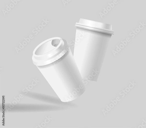 Fototapeta Two White Paper Coffee Cups Floating Against Gray Background. Realistic 3d Vector Mugs Mockup with Minimalist Design