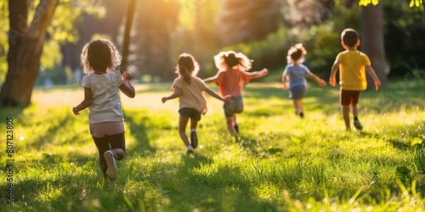 Fototapeta A group of diverse children play joyously in a sunlit park, running across the grass in a scene full of life and energy