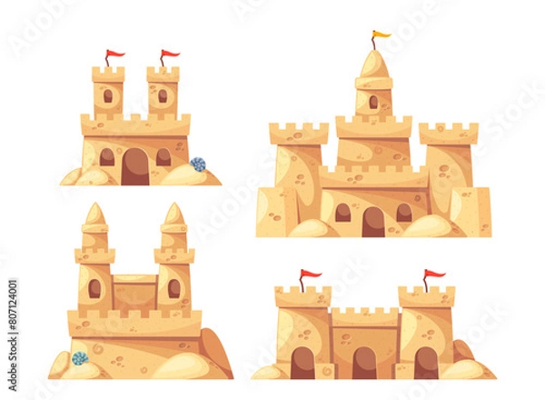 Fototapeta Collection Of Four Whimsical Sand Castles, Each Uniquely Designed With Flags, Intricate Towers, And Archways
