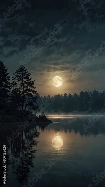 Fototapeta Sure, here is a description for an image combining moon and trees at night:

Dark night landscape with a full moon glowing through the trees