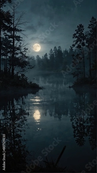 Fototapeta Sure, here is a description for an image combining moon and trees at night:

Dark night landscape with a full moon glowing through the trees
