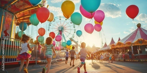 Fototapeta Excited children race towards the vibrant attractions of a carnival, evoking excitement and nostalgia