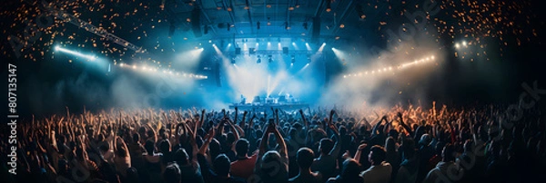 Fototapeta An exhilarating view of an enthusiastic crowd at a live concert, with hands raised, stage lights illuminating the scene, and confetti in the air