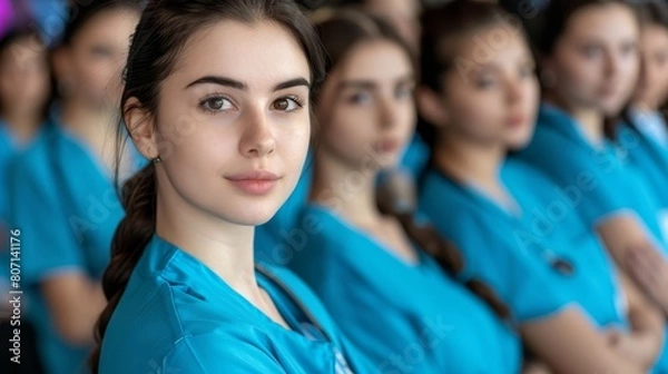 Fototapeta   Women in blue shirts form a line, facing each other or stand closely next to one another, with identical counterparts in blue shirts behind them