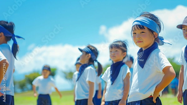 Obraz 白い体操服と紺色のハーフパンツを履いて屋外で並んでいる日本人の小学生たち