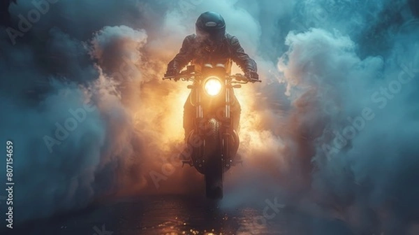 Obraz A man is riding a motorcycle through a thick cloud of smoke