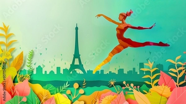 Fototapeta a gymnast jumping in air with paris city skyline background
