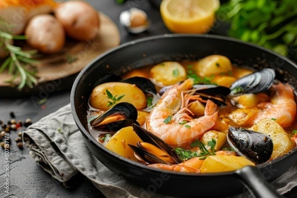 Fototapeta Seafood stew with potatoes shrimps herbs and fish in a pan on the table