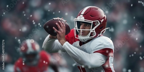 Fototapeta A focused football player in action, ready to throw the ball during a critical match with teammates in the background