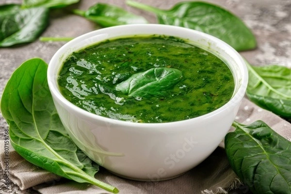 Fototapeta Soup with spinach in bowl