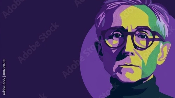Fototapeta Stylized vector portrait of a mature man with glasses, set against a purple background.