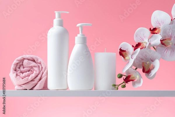 Obraz Set of cosmetic bottles, towel, orchid and candle in bathroom. White flacon, soap dispenser and other toiletries for personal hygiene. Plastic container, liquid soap, spa relax concept.