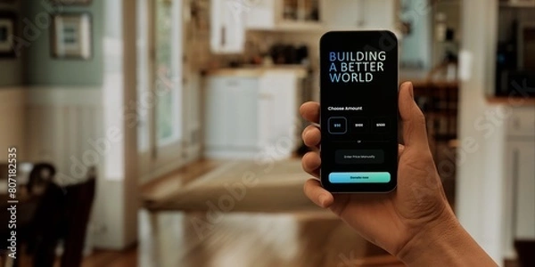 Fototapeta Smartphone showing donation app in hand, perfect for promoting charitable giving
