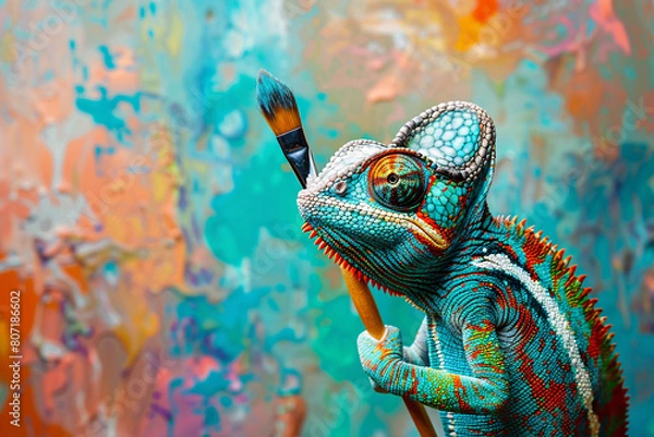 Obraz Funny chameleon holding painting brush over colorful background