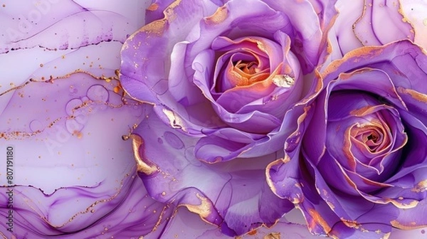 Obraz Pink, purple, gold roses and rose petals on white background with copy space for text. Golden alcohol ink watercolor floral bloom banner for Mother’s Day or mauve wedding stationery