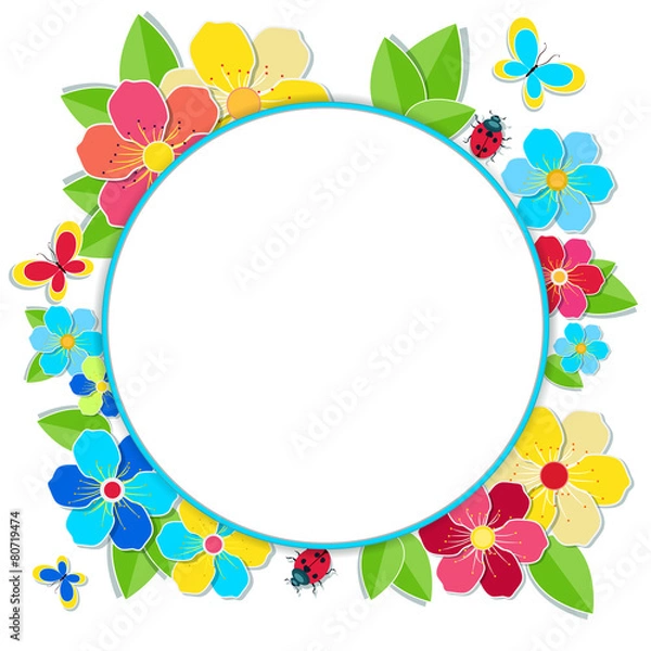 Fototapeta Bright frame with flowers, butterflies and ladybug. Round summer