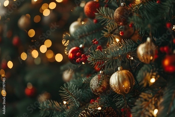 Obraz Christmas red and gold decorations on the Christmas tree. Blurred lights in the background.