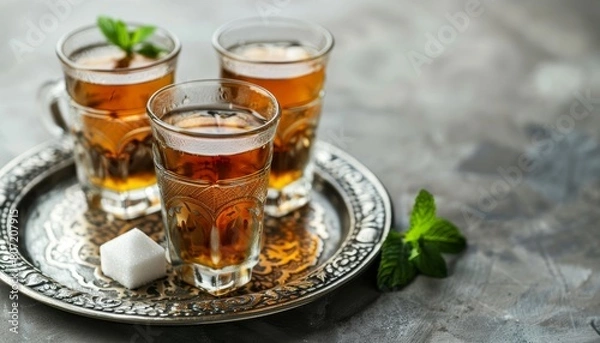 Obraz Close up photo of Moroccan mint tea served in traditional glasses on a silver tray against a grey background with sugar