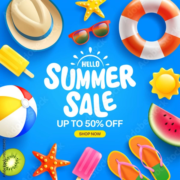 Fototapeta Colorful Summer Sale Banner with Sunglasses, Watermelon, Ice Cream, and Beach Ball, Vibrant Summer Sale Advertisement with Beach Accessories and Fruits.Vector illustration eps 10