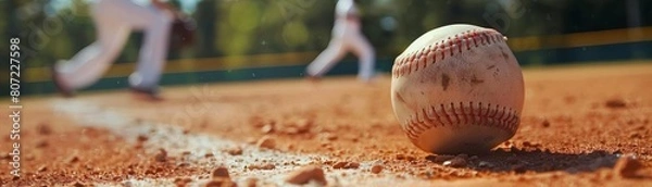 Fototapeta Little league baseball game with a close up of the ball on the infield dirt with blurred players in the background.
