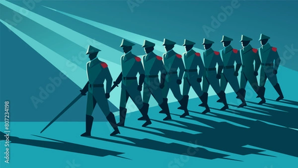 Fototapeta A group of soldiers march in formation their long shadows stretching out in front of them a visual representation of their powerful and intimidating.
