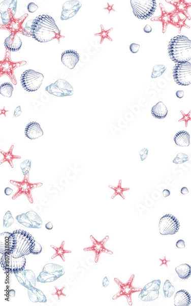 Obraz Blue Seashell Background White Vector. Scallop Marine Illustration. Coastal Textile Card. Orange Snail Collection Wallpaper.