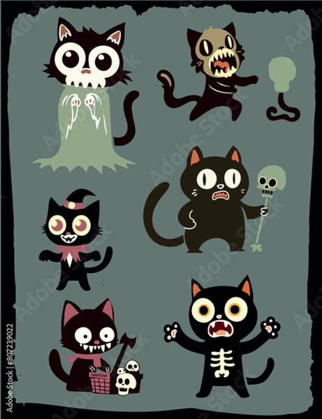 Fototapeta Set of retro cartoon halloween cats - vector illustratiob