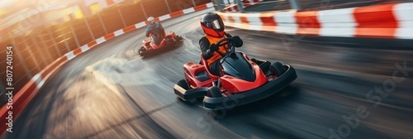 Fototapeta An adrenaline-fueled image capturing the speed and excitement of a go-kart racer zooming around the track, helmet visible