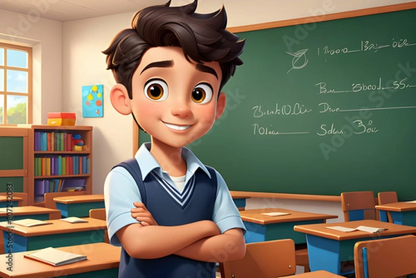 Obraz Cute Cartoon Character Boy in Classroom