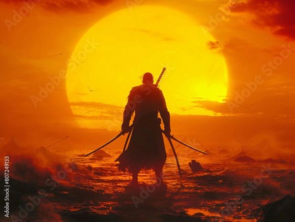 Fototapeta ninja warrior- swordsman in battlefield