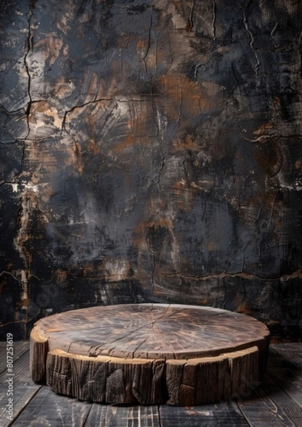 Fototapeta round wood log pedestal with old stone wall for display product