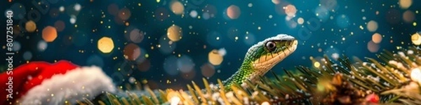 Obraz green snake with a sanclaus cap.