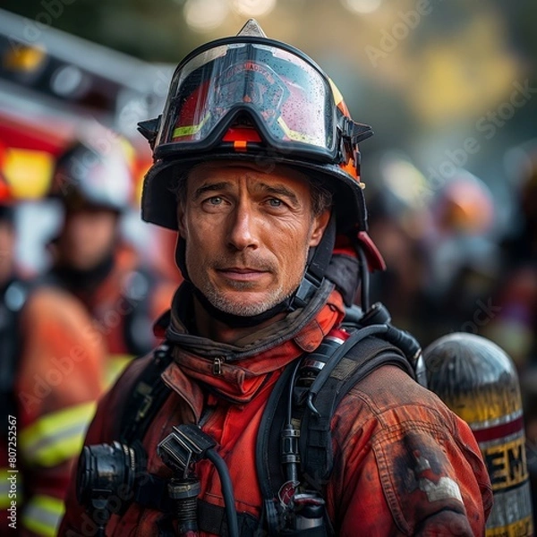 Fototapeta Experienced firefighter with a focused look