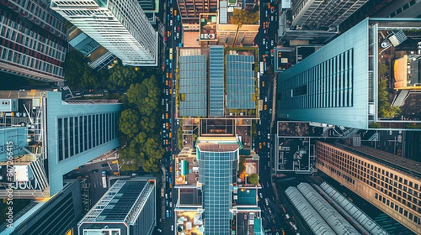 Obraz Aerial view of city with solar panels on rooftops of buildings. City skyline. Concept of sustainability and ecology.