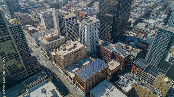 Obraz Aerial view of city with solar panels on rooftops of buildings. City skyline. Concept of sustainability and ecology.