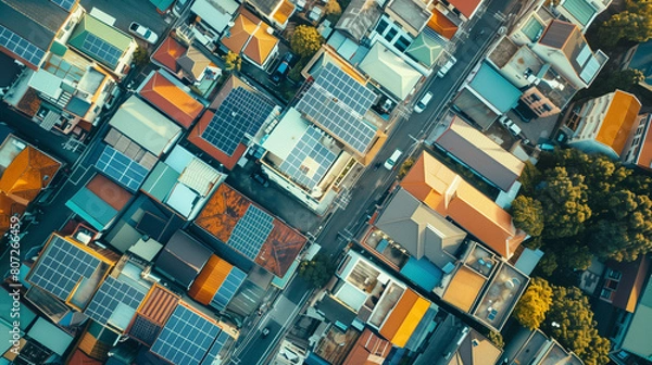 Obraz Aerial view of city with solar panels on rooftops of buildings. City skyline. Concept of sustainability and ecology.