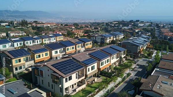 Obraz Aerial view of city with solar panels on rooftops of buildings. City skyline. Concept of sustainability and ecology.