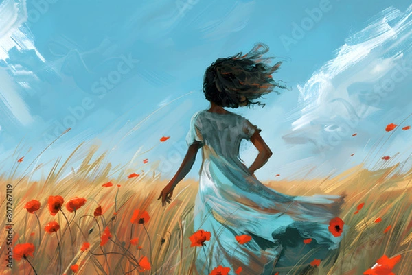 Fototapeta Illustration. An African American woman is walking through a field of red flowers. The sky is blue and there are clouds in the background. The painting has a serene and peaceful mood
