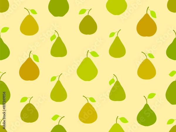 Fototapeta Green pears seamless pattern. Ripe pears with one leaf. Fruit background with pears for wallpaper, wrapping paper, banners and posters. Vector illustration