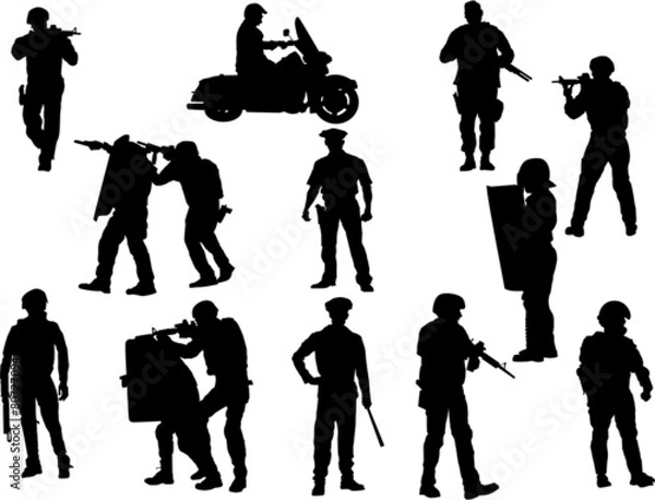 Fototapeta The set 0f 12 vector policeman silhouette