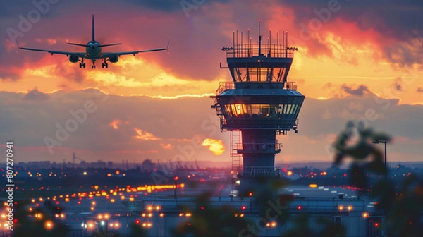 Obraz Airport air traffic control tower with airplane in the background landing or taking off at sunset. Copy space