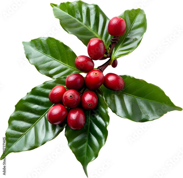 Fototapeta Red coffee cherries on a branch with leaves isolated