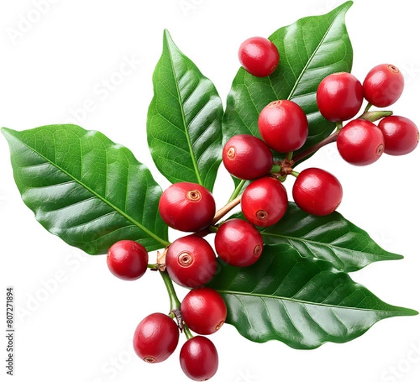 Fototapeta Red coffee cherries on a branch with leaves isolated
