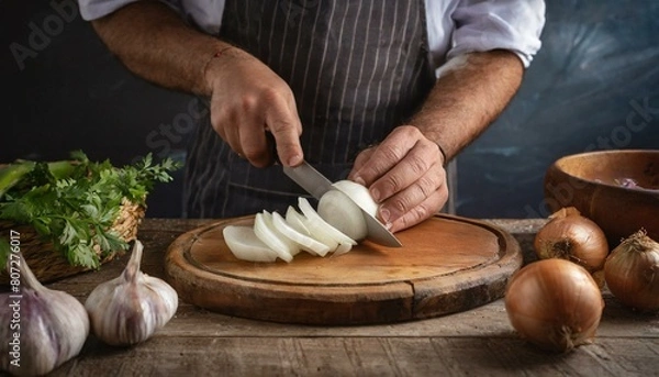 Fototapeta cocinero troceando una cebolla