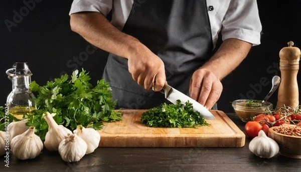 Fototapeta cocinero picando perejil