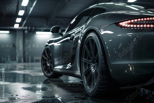 Obraz Sleek Sports Car in Moody Underground Garage. A luxurious black sports car parked in a dimly lit underground garage, reflecting on a wet floor under fluorescent lights.
