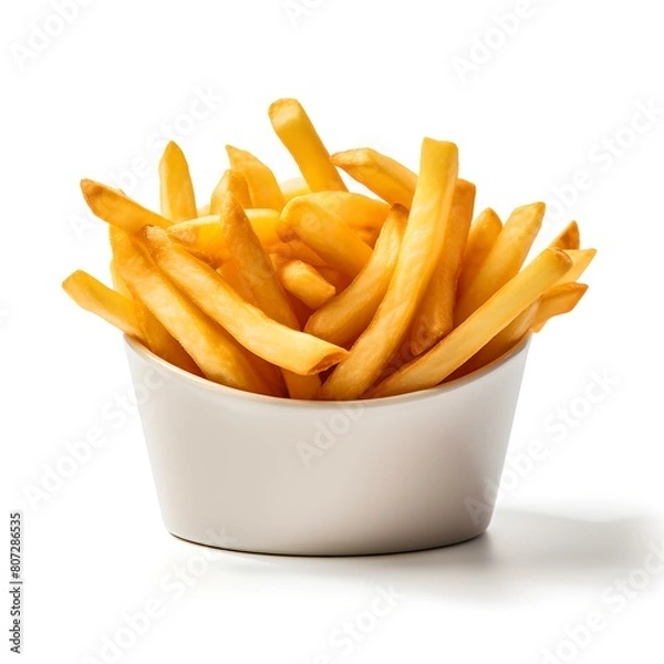 Fototapeta Golden french fries in a white bowl on a plain background