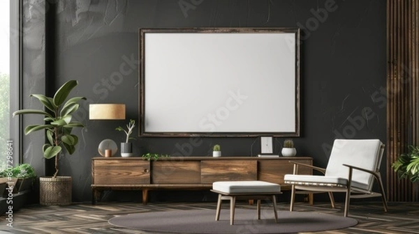Fototapeta Mockup frame of living room interior with empty dark wall background, AI generated image.
