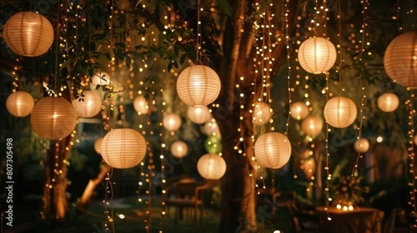 Obraz A tree is lit up with many paper lanterns hanging from it. The lanterns are lit up and create a warm and inviting atmosphere